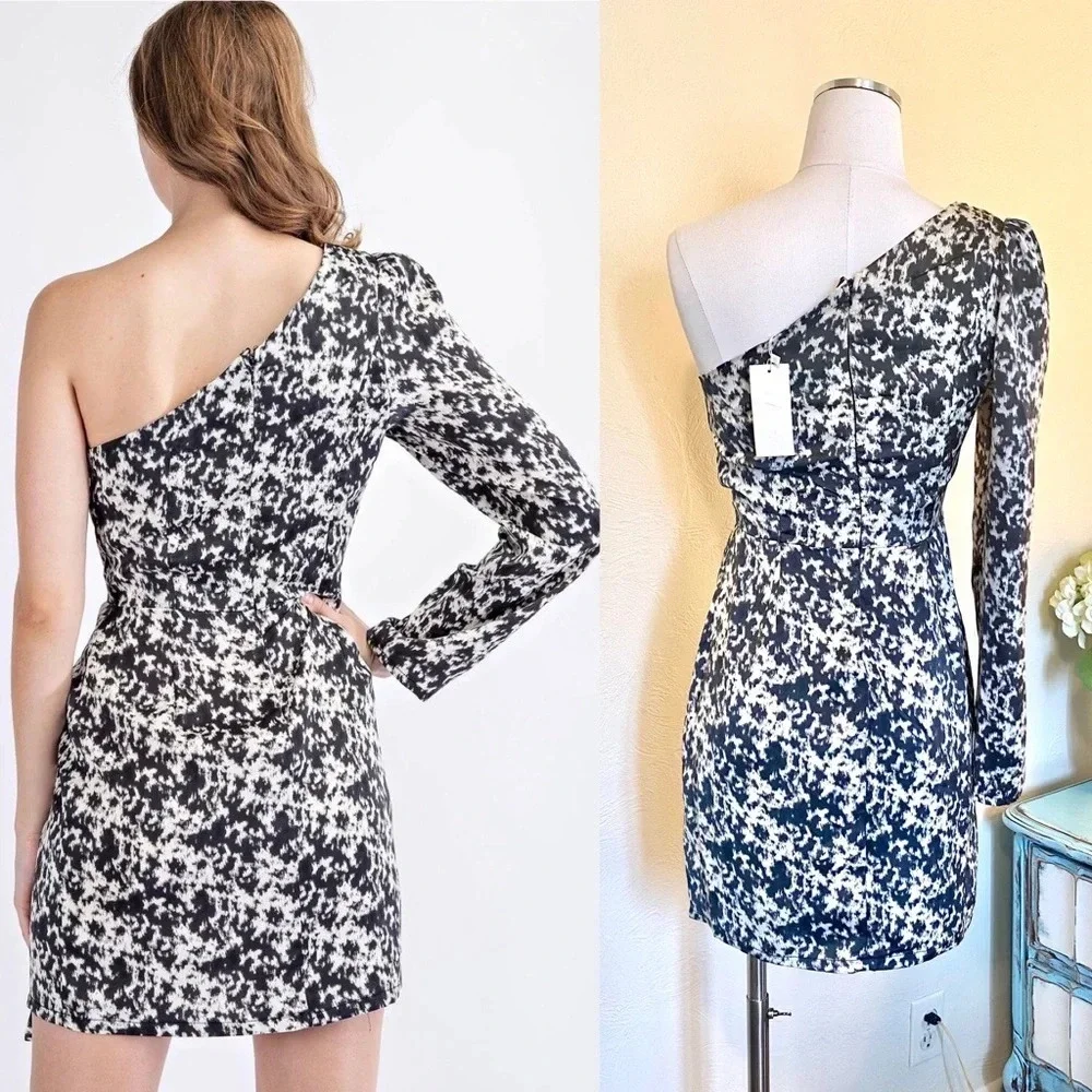NWT One Shoulder, Faux Wrap, Side Tie Mini Cocktail Dress. Black & White, Small - Picture 7 of 8